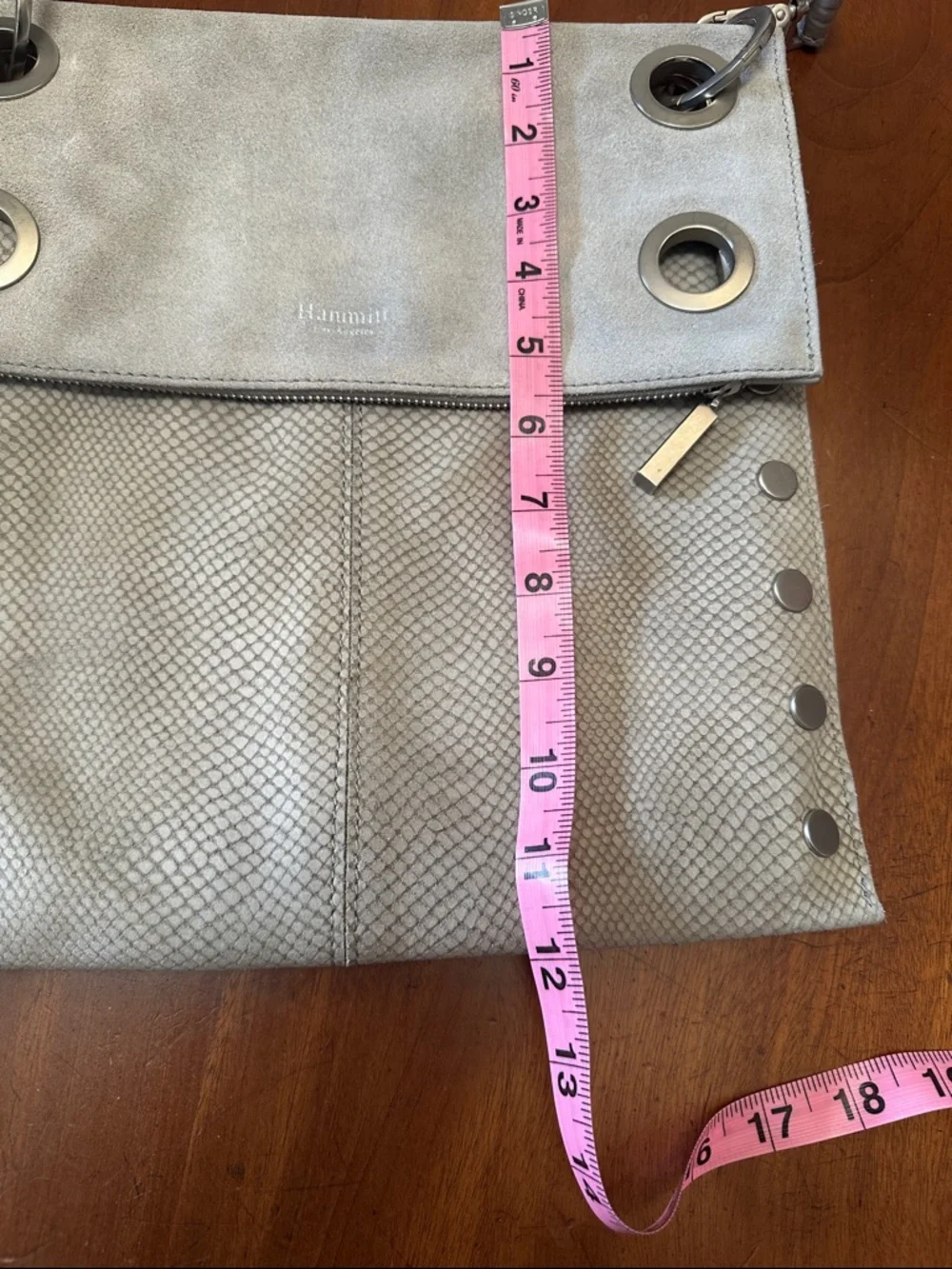 Hammitt Montana Reversible Large Leather Bag in a light grey/pewter color.